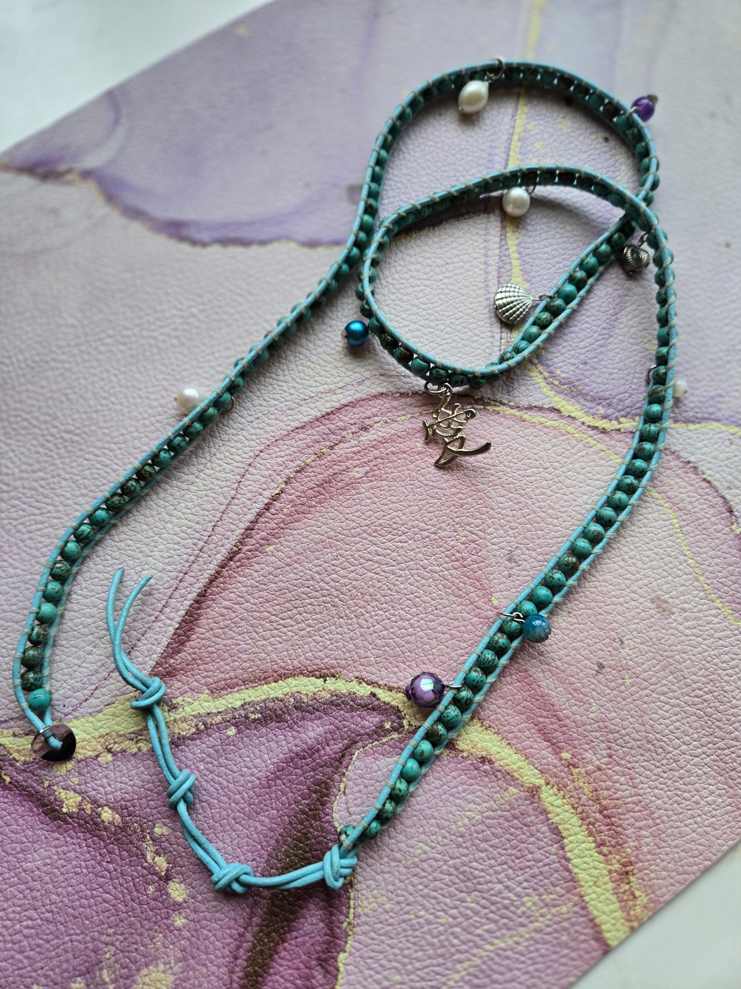 Love 爱 - Five tours Turquoise leather wrap bracelet