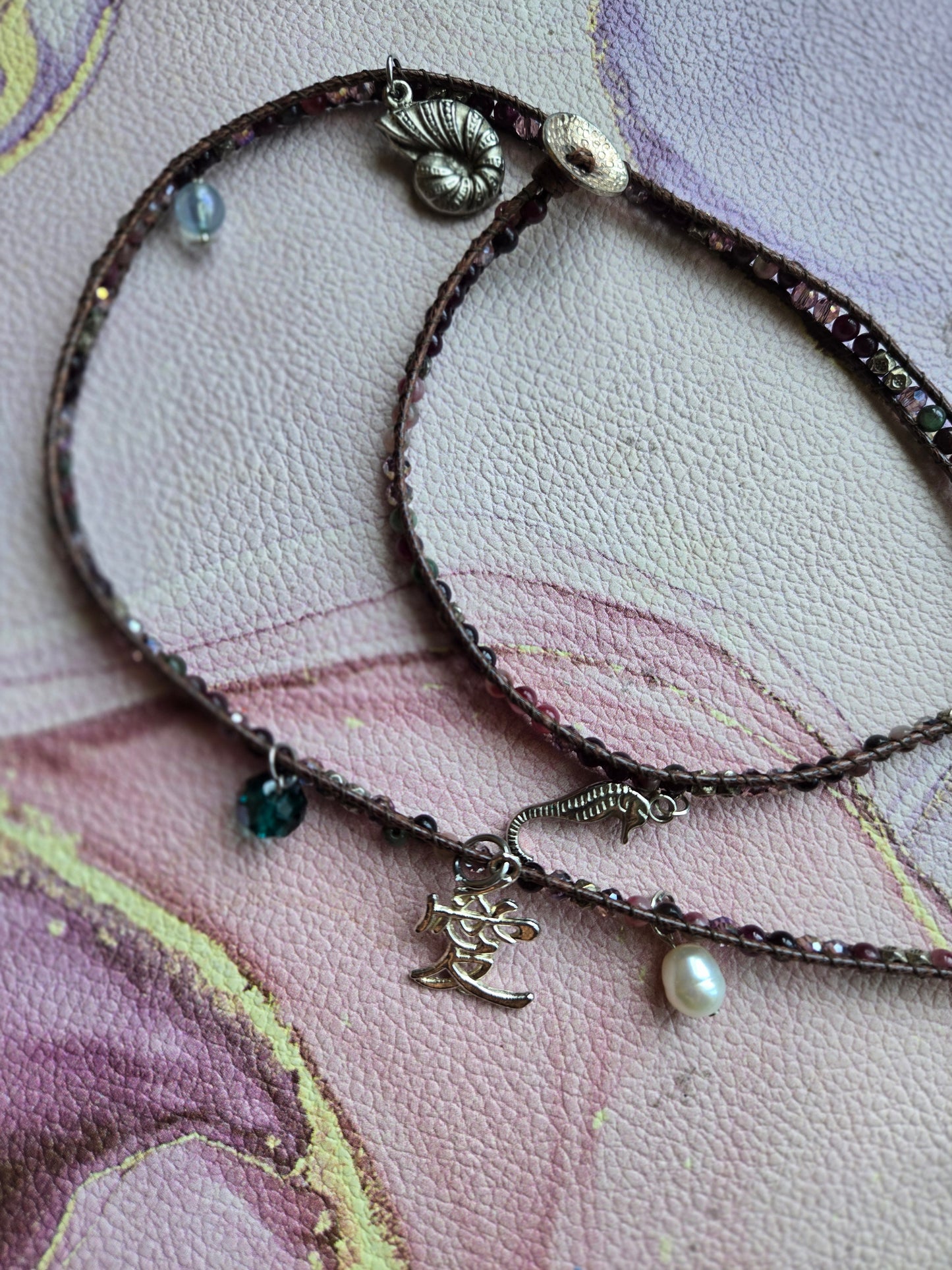 Love 爱 - Five tours Multi colour Agate leather wrap bracelet