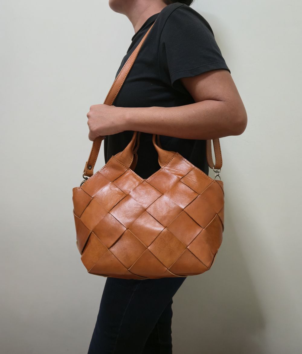 Handmade Leather Weave Basket Bag