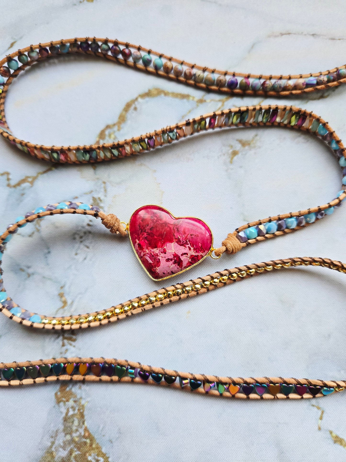 Love 爱 - Five tours Pink Agate Heart leather wrap bracelet