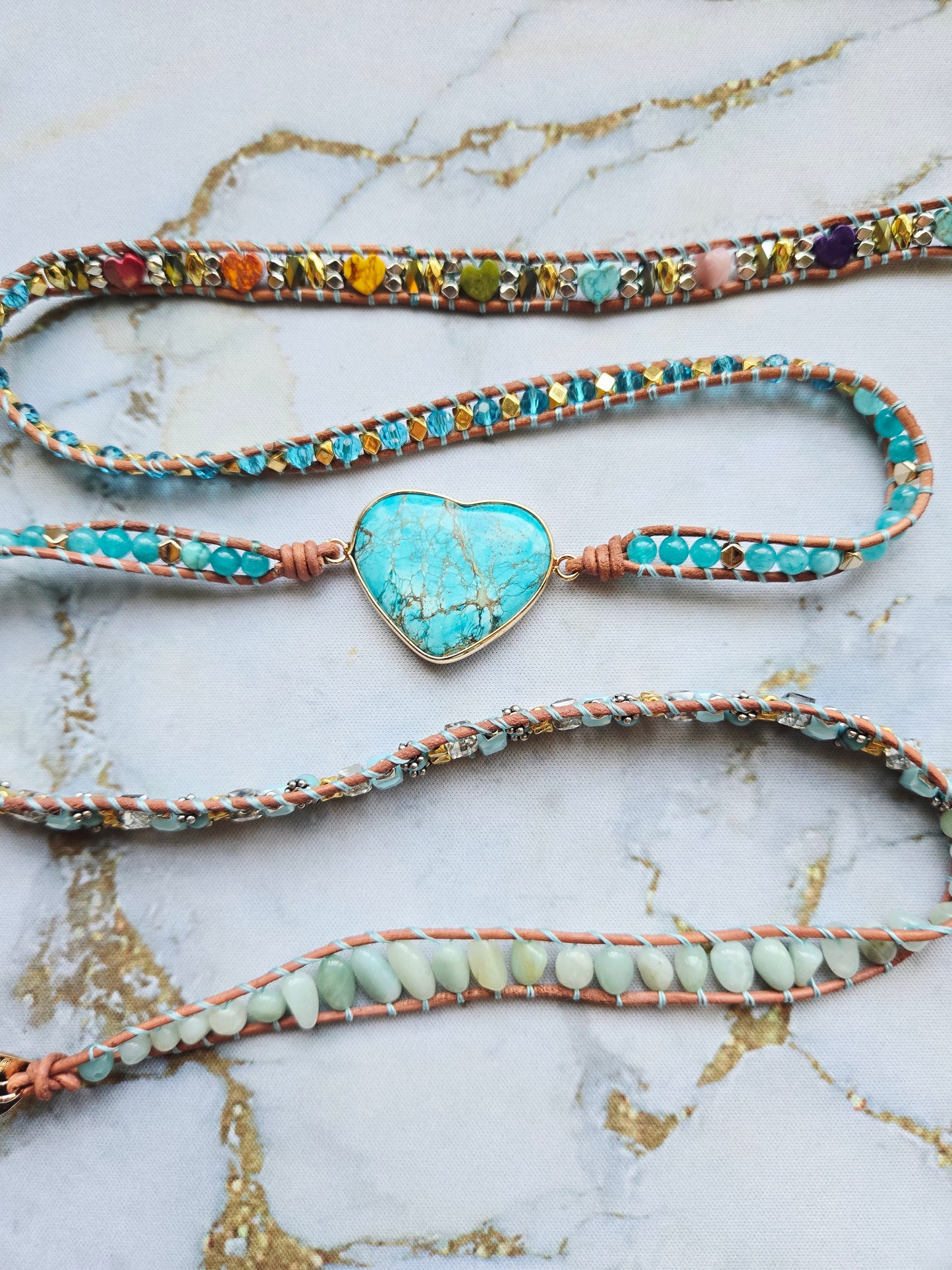 Love 爱 - Five tours Turquoise Heart leather wrap bracelet