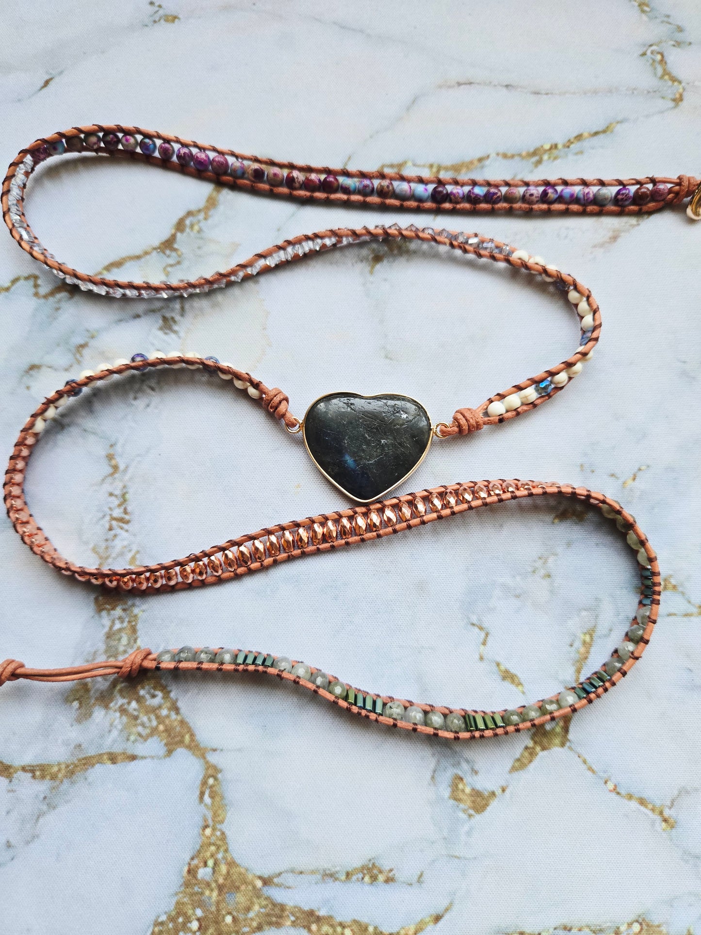 Love 爱 - Five tours Labradorite Heart leather wrap bracelet