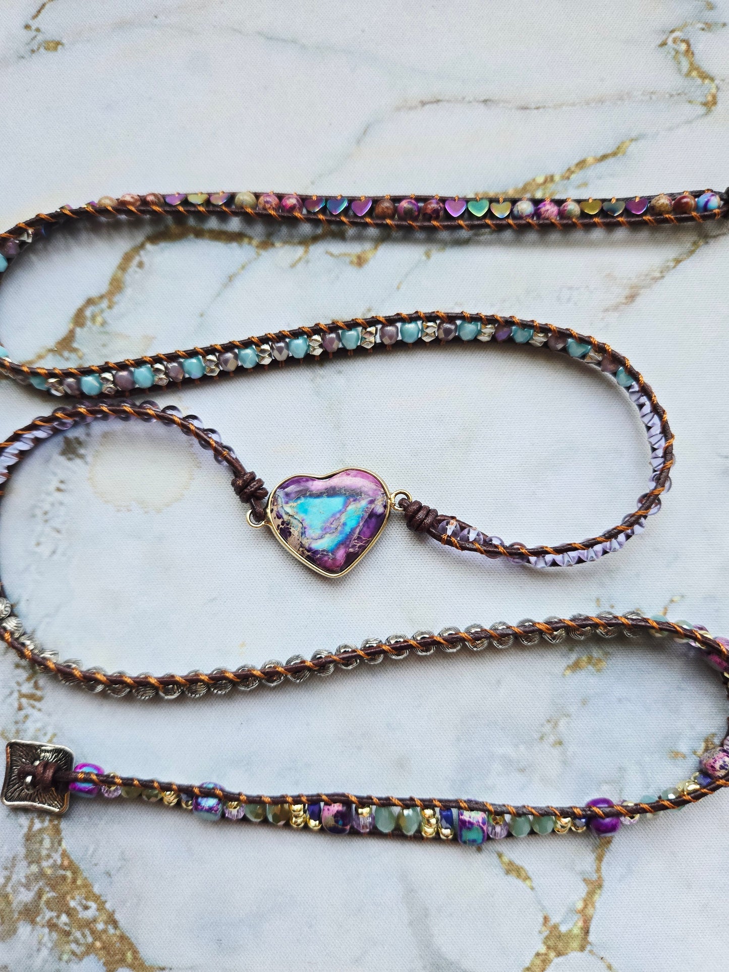 Love 爱 - Five tours Purple Agate Heart leather wrap bracelet