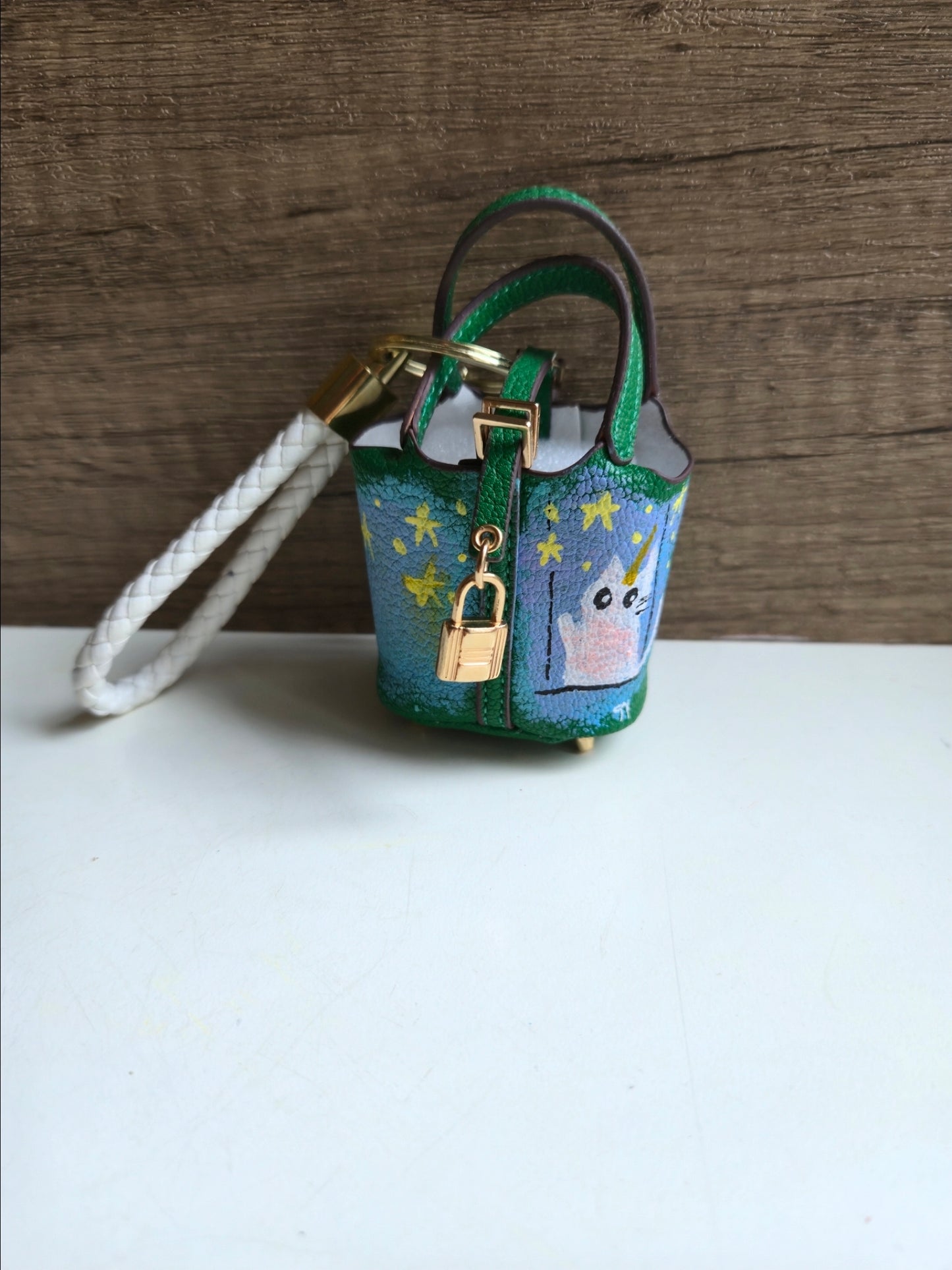 Dreamy starry Cat bag charm in green