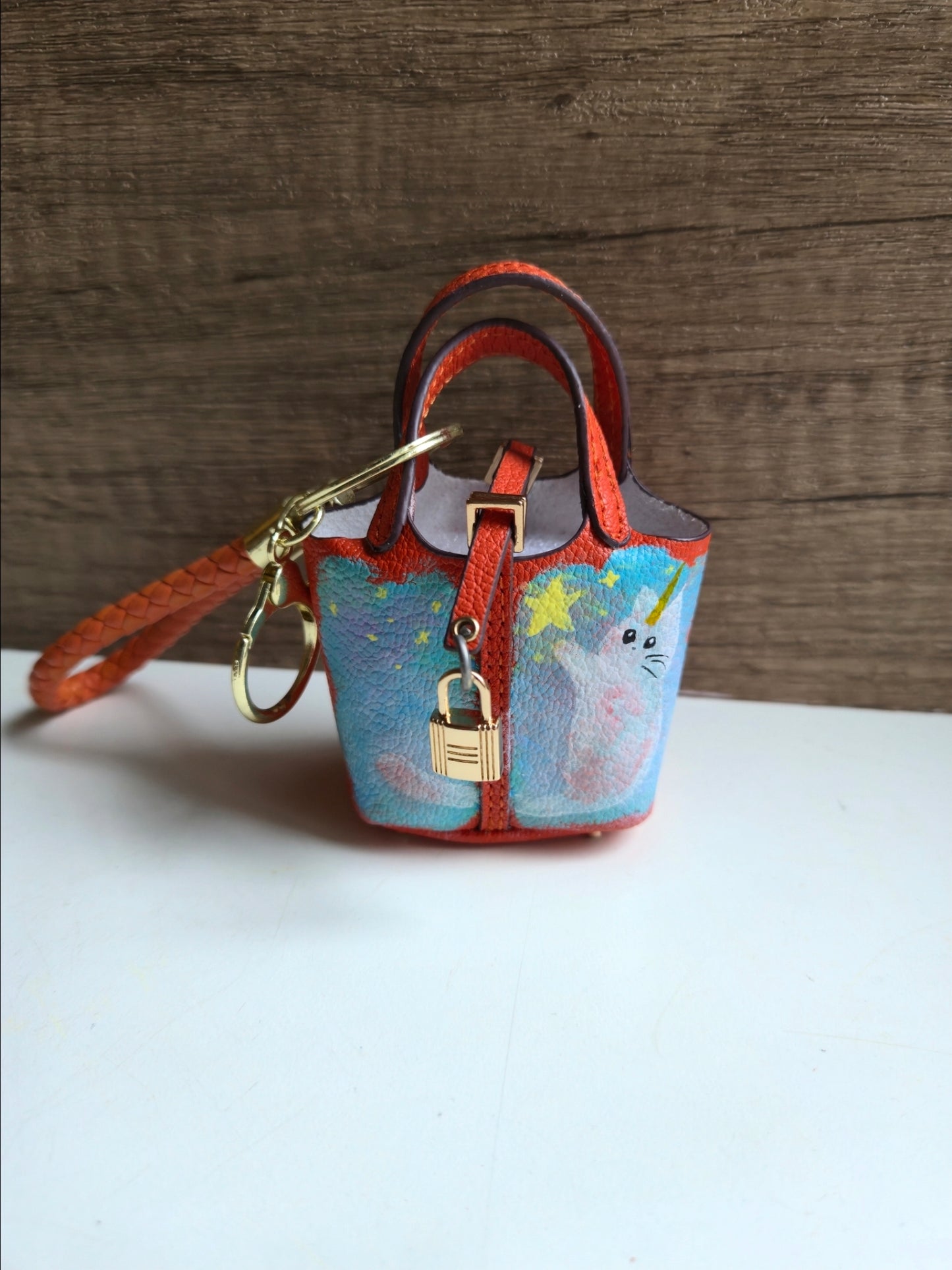 Dreamy starry Cat bag charm in orange