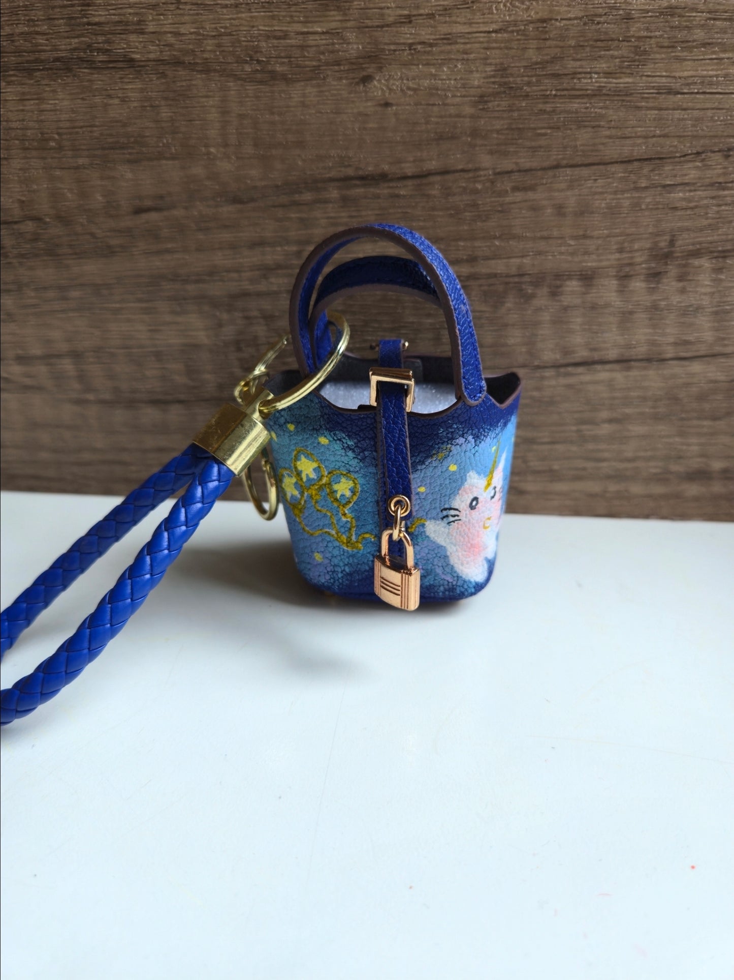 Dreamy starry Cat bag charm in blue