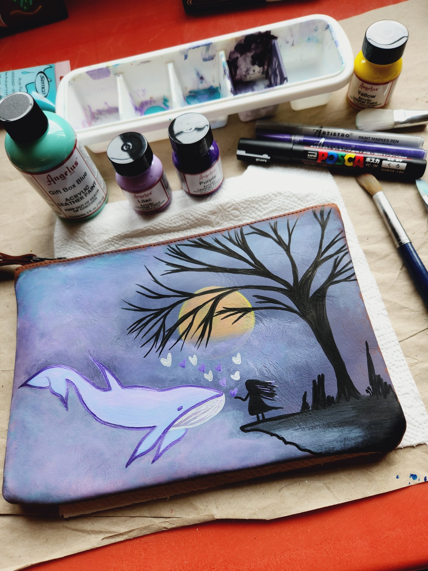 Handmade leather pouch/wristlet (option of custom painting)