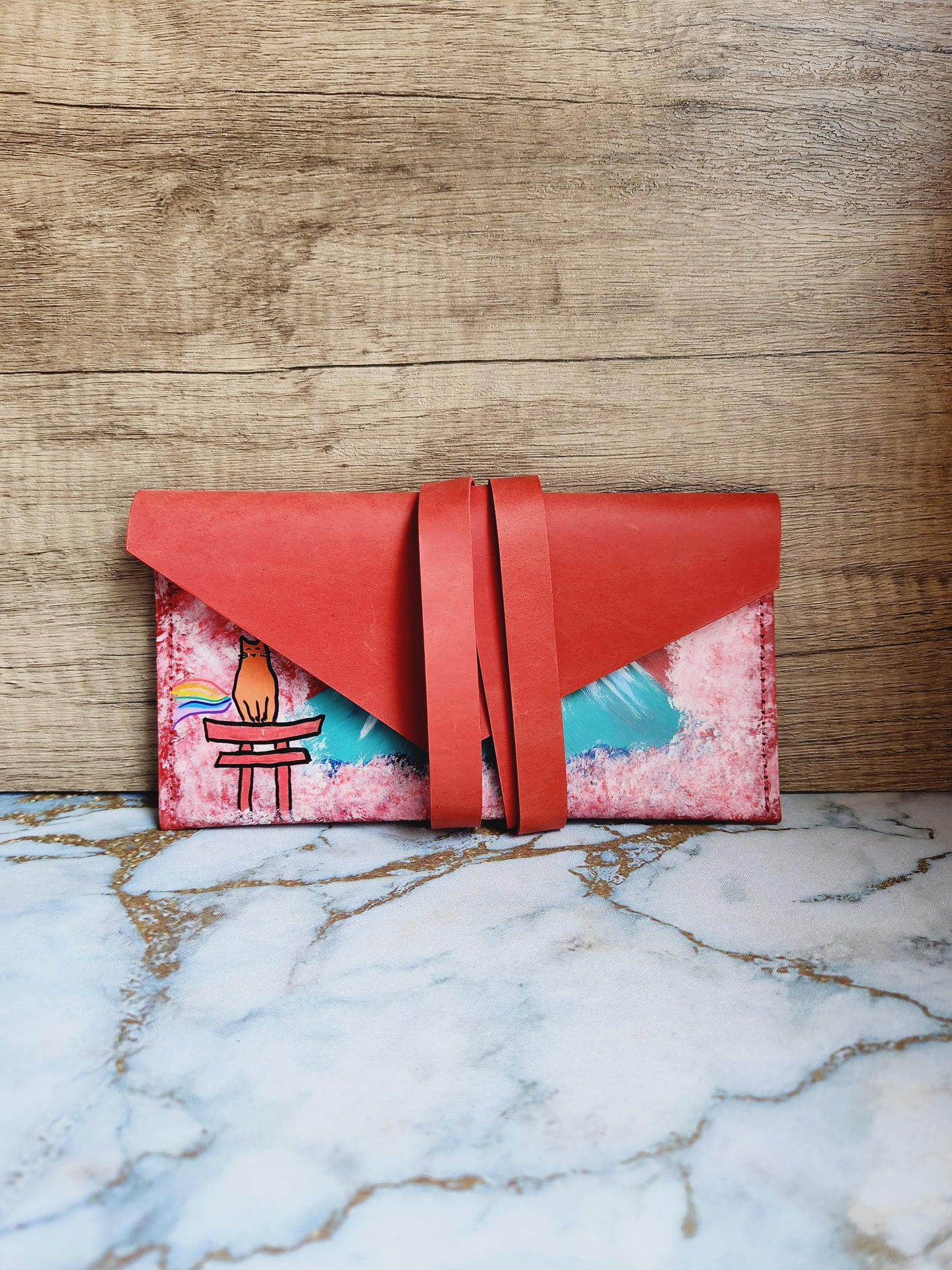 Painted handmade red leather foldover pouch