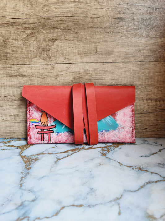 Painted handmade red leather foldover pouch
