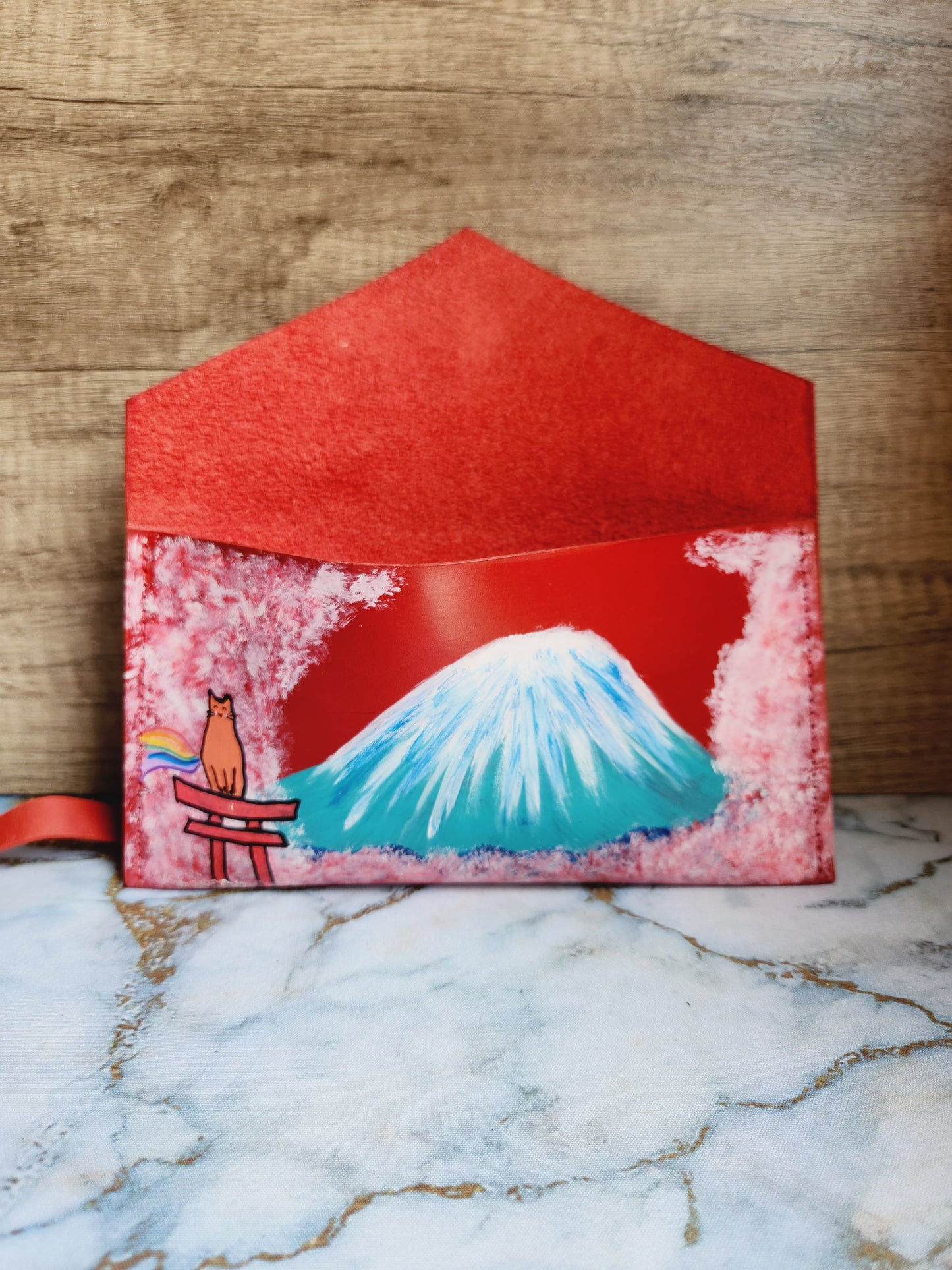 Painted handmade red leather foldover pouch