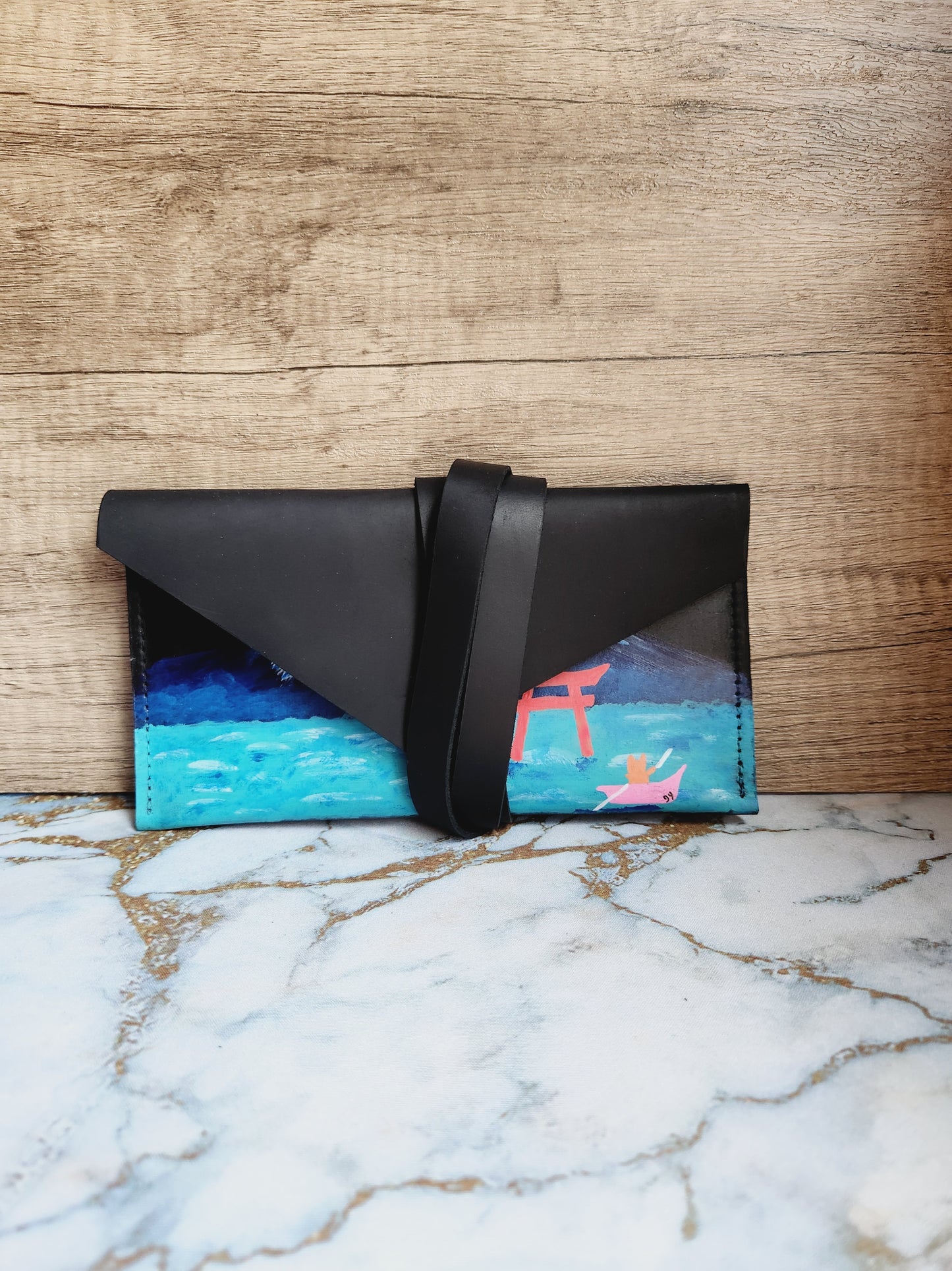 Painted handmade black leather foldover pouch