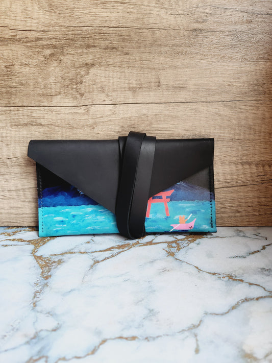 Painted handmade black leather foldover pouch