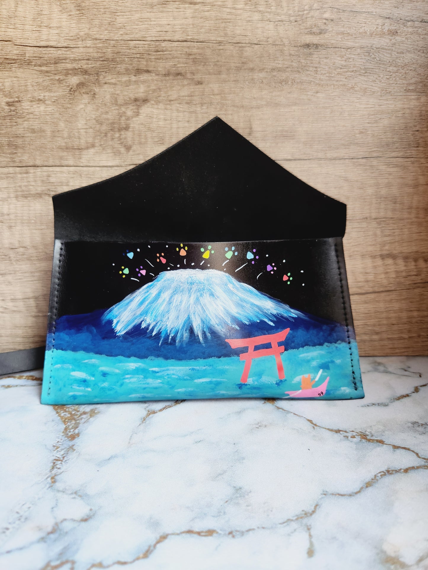 Painted handmade black leather foldover pouch