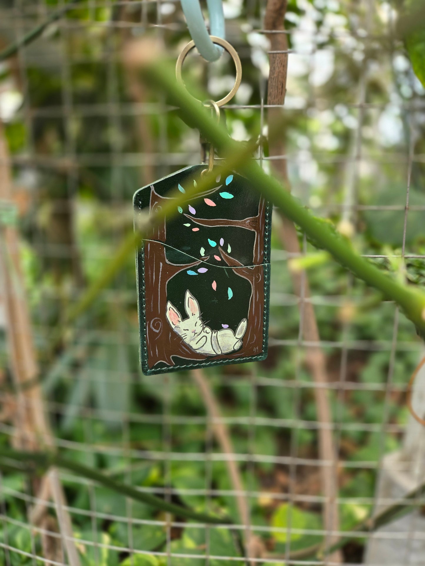 Into the Woods Rabbit Green Leather Lanyard Card Holder