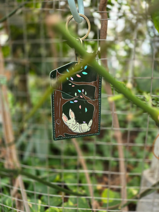 Into the Woods Rabbit Green Leather Lanyard Card Holder