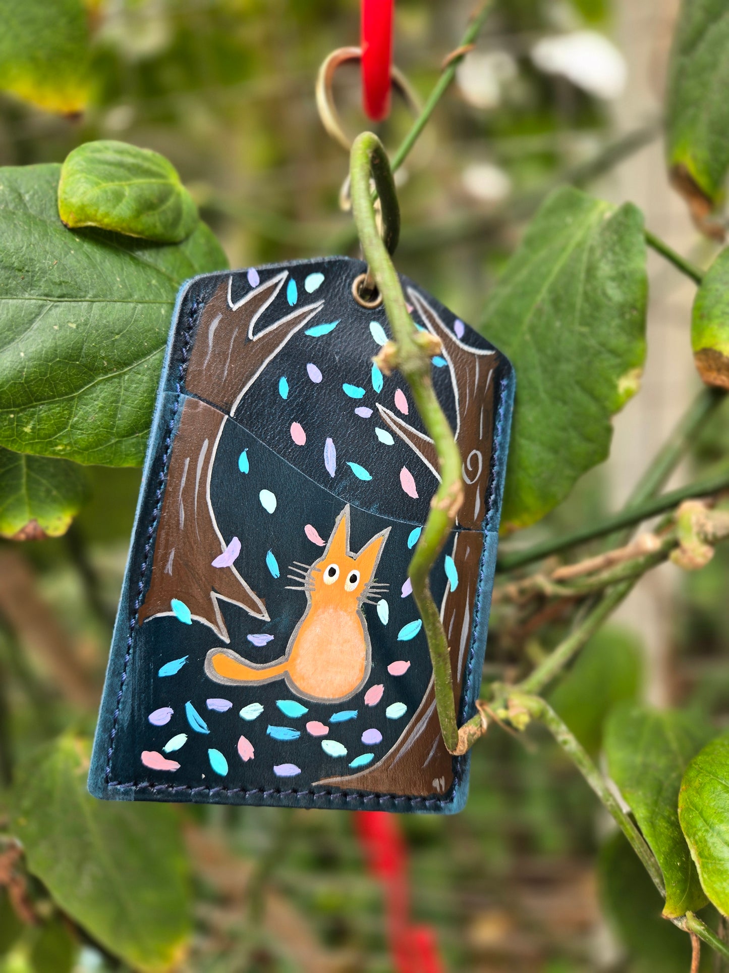 Into the Woods Cat Blue Leather Lanyard Card Holder