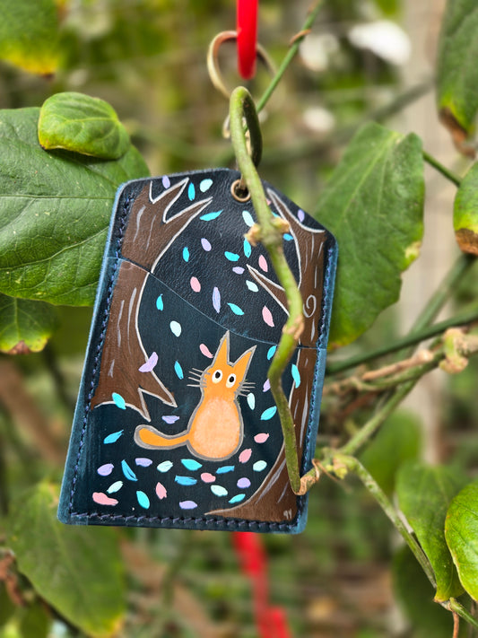 Into the Woods Cat Blue Leather Lanyard Card Holder