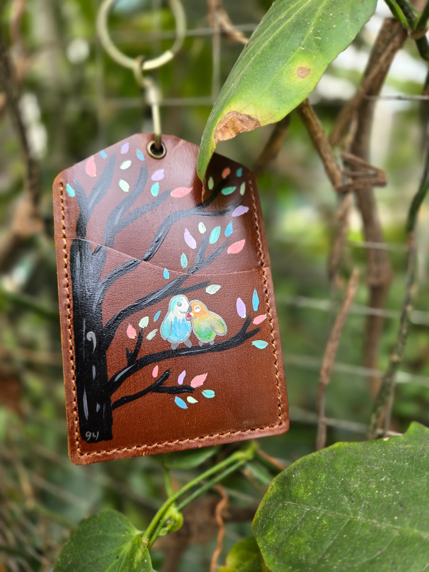 Into the Woods Love Birds Brown Leather Lanyard Card Holder