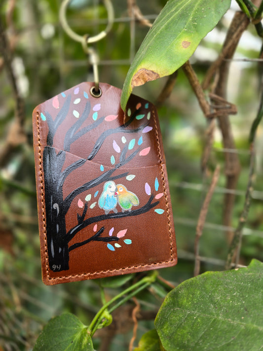 Into the Woods Love Birds Brown Leather Lanyard Card Holder