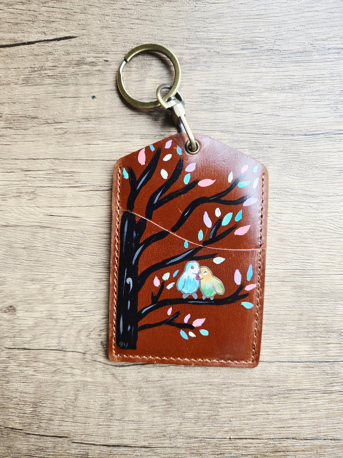 Into the Woods Love Birds Brown Leather Lanyard Card Holder