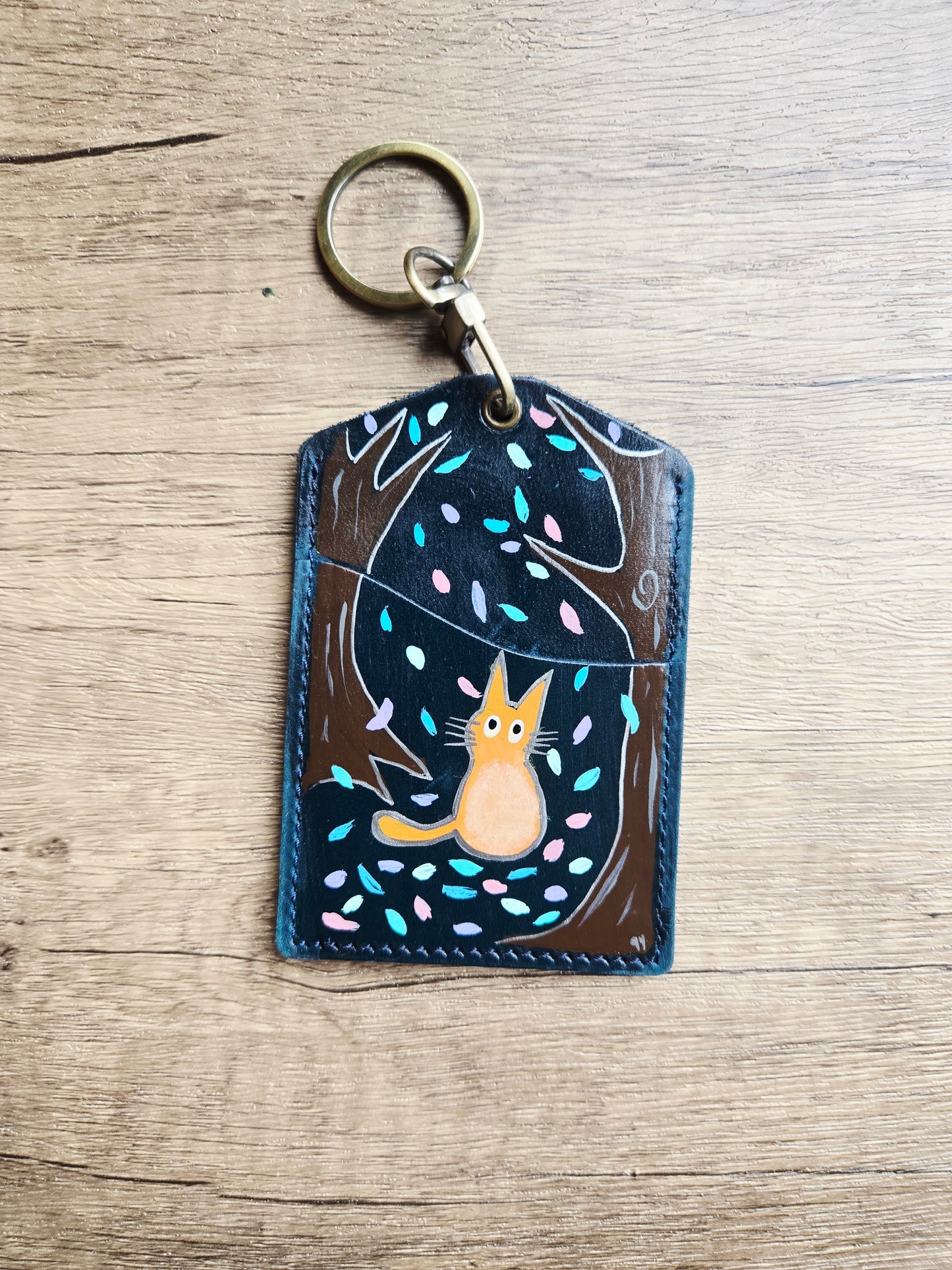 Into the Woods Cat Blue Leather Lanyard Card Holder
