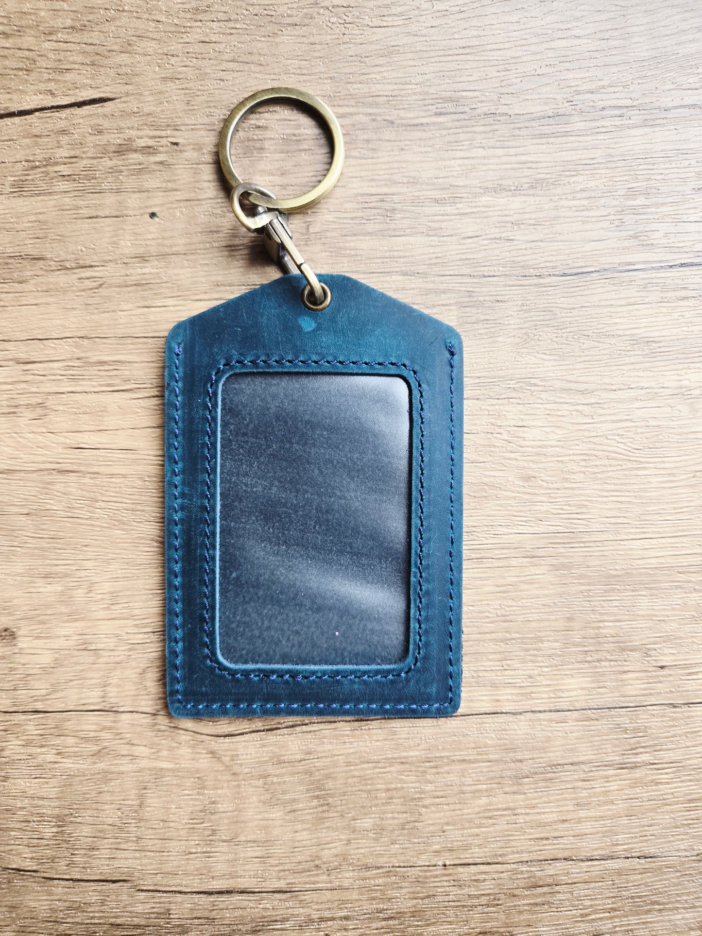 Into the Woods Cat Blue Leather Lanyard Card Holder