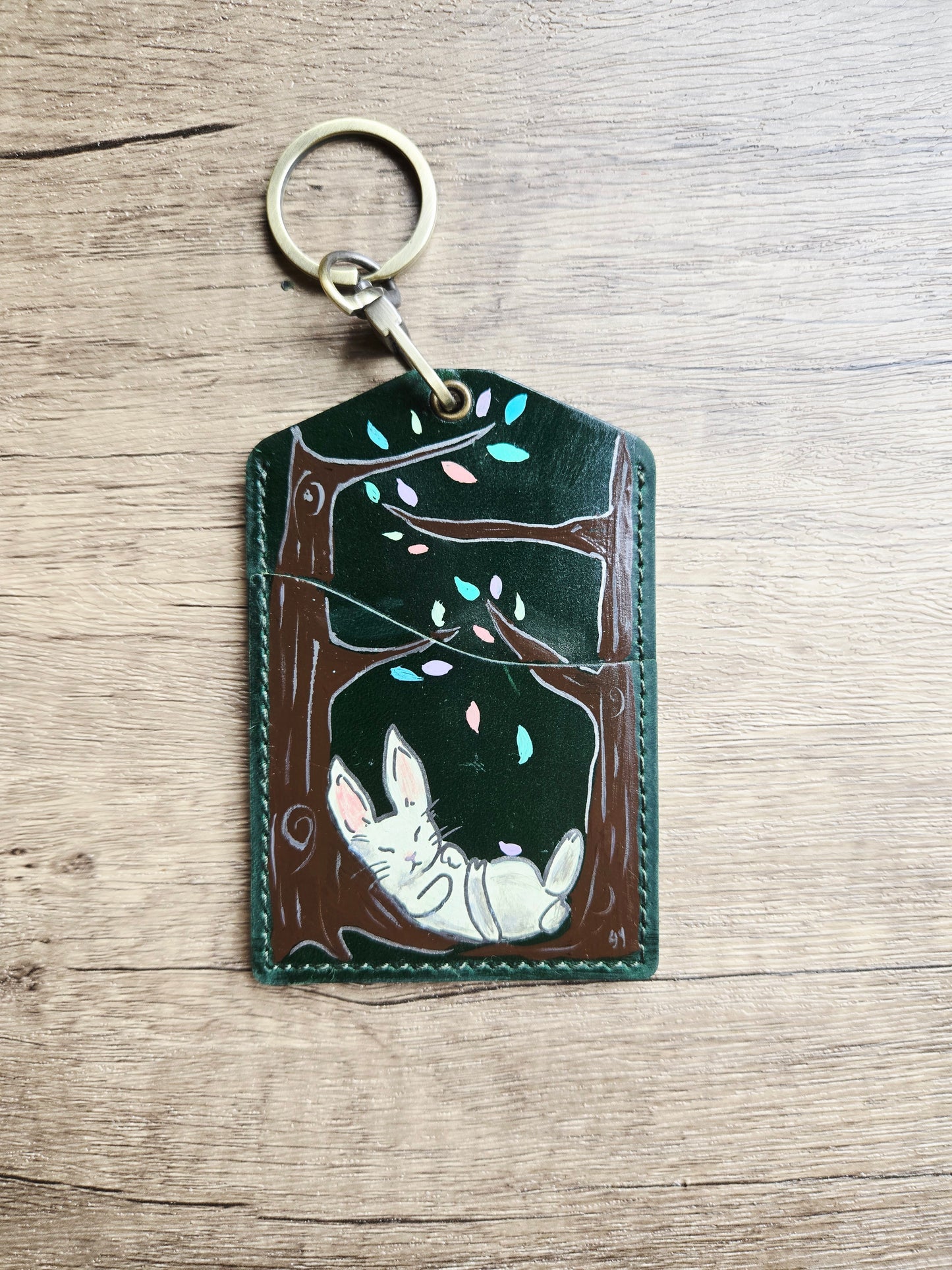 Into the Woods Rabbit Green Leather Lanyard Card Holder