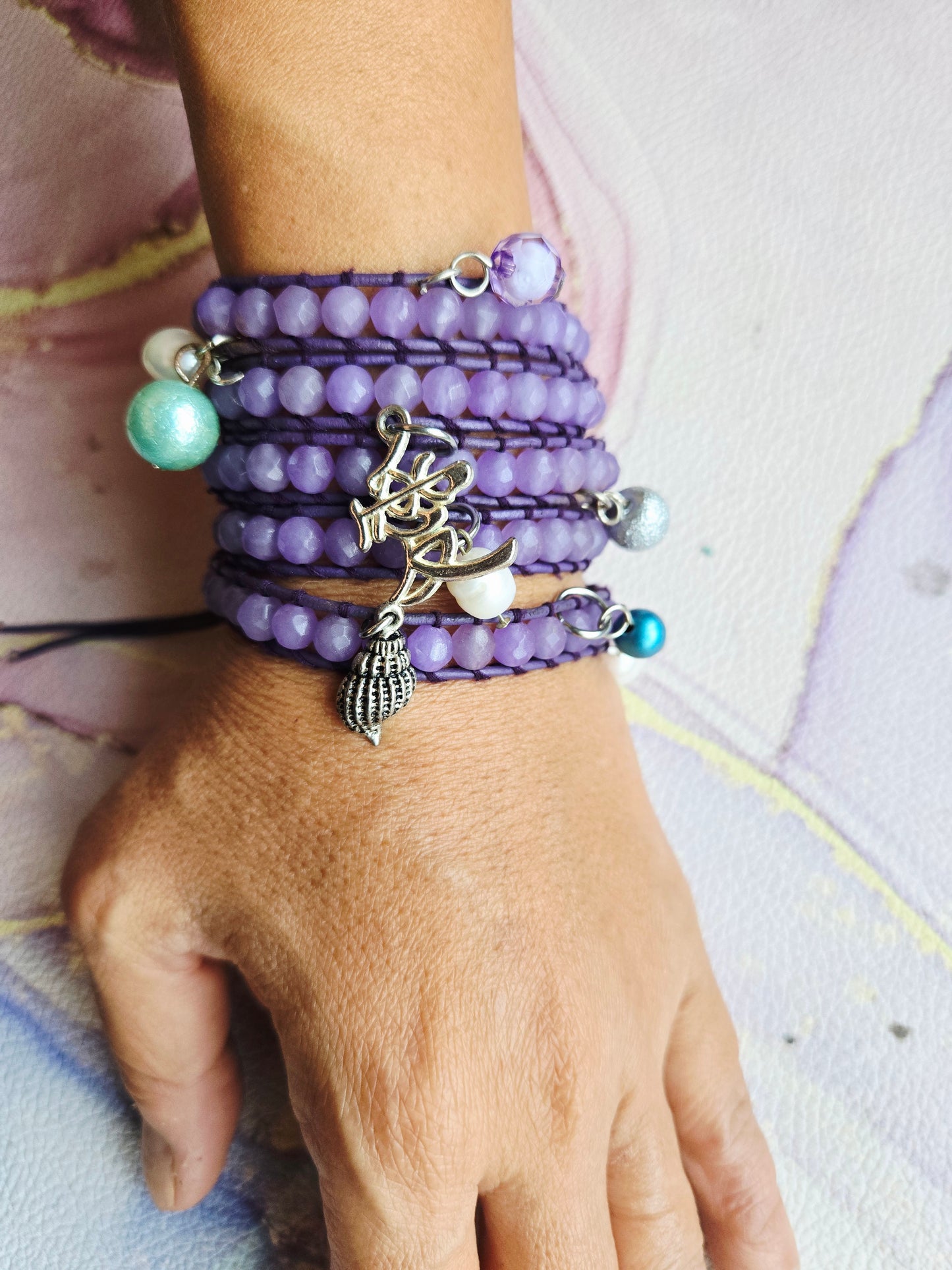 Love 爱 - Five tours Amethyst leather wrap bracelet