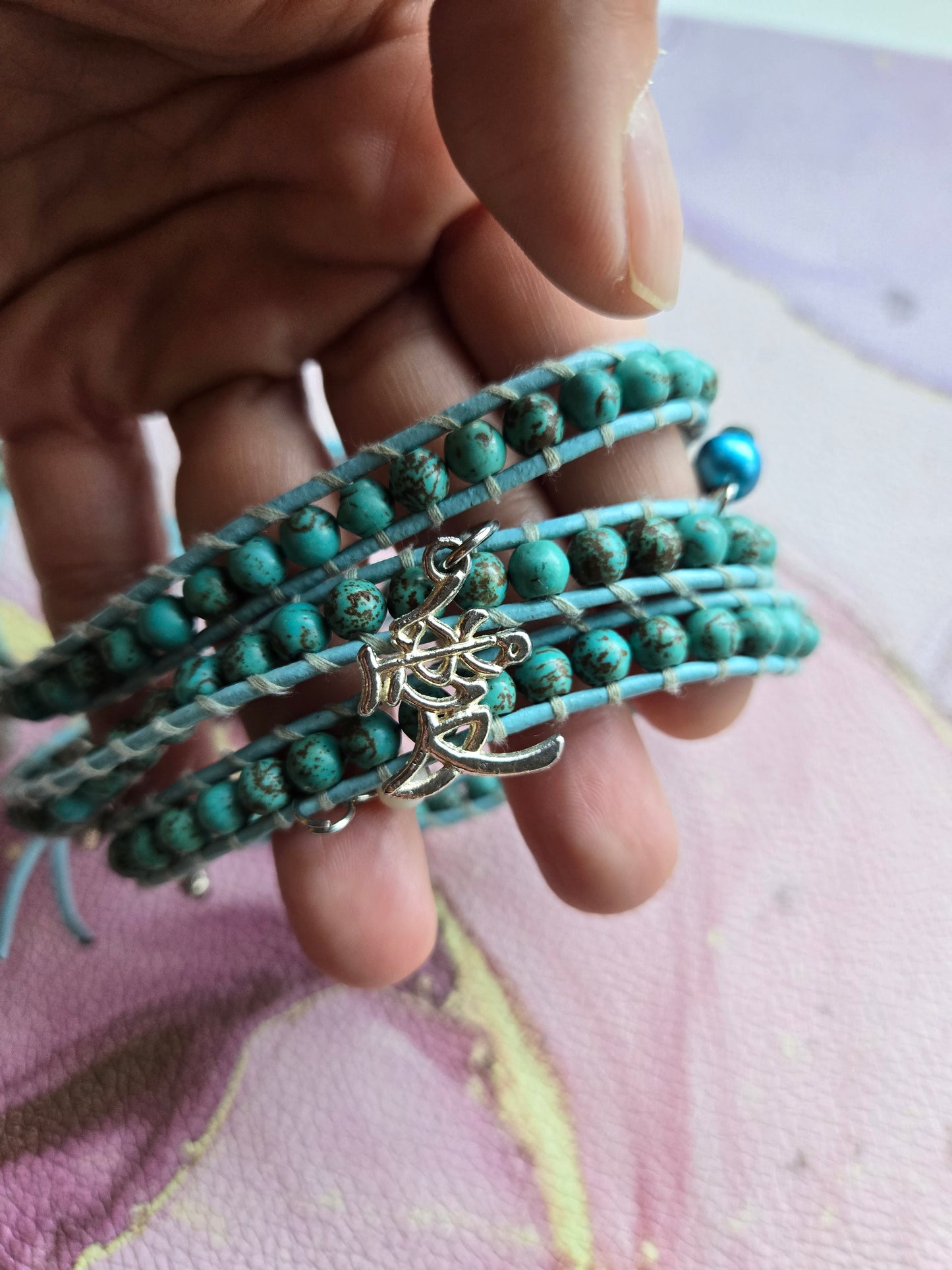 Love 爱 - Five tours Turquoise leather wrap bracelet