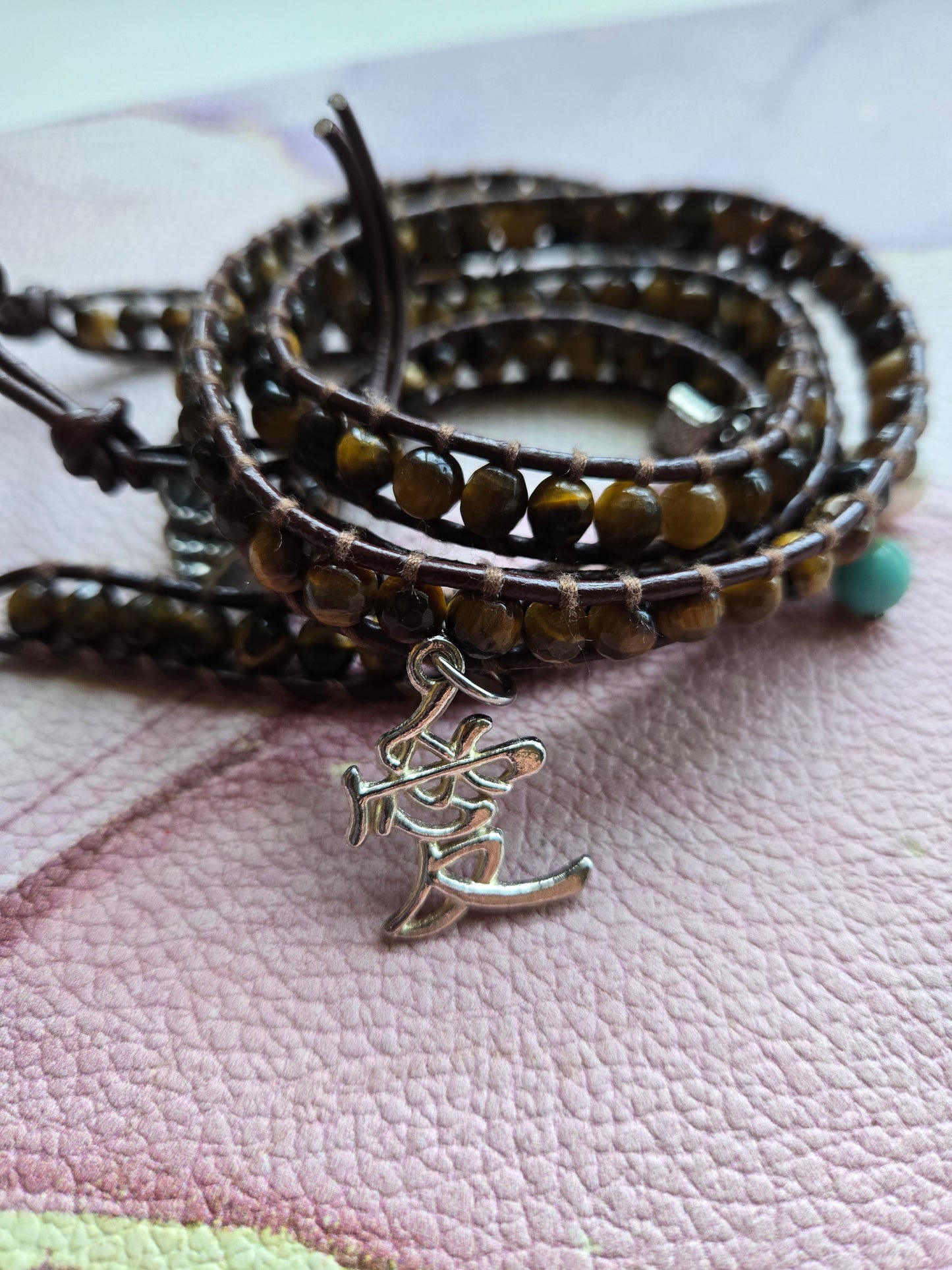 Love 爱 - Five tours Tiger Eye leather wrap bracelet