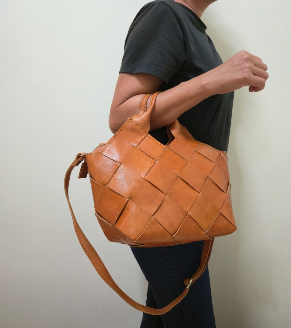 Handmade Leather Weave Basket Bag