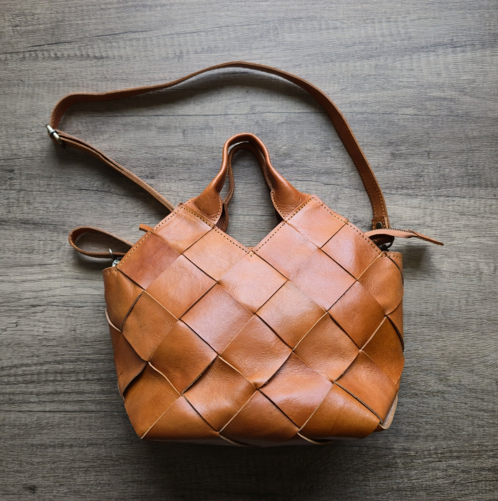Handmade Leather Weave Basket Bag