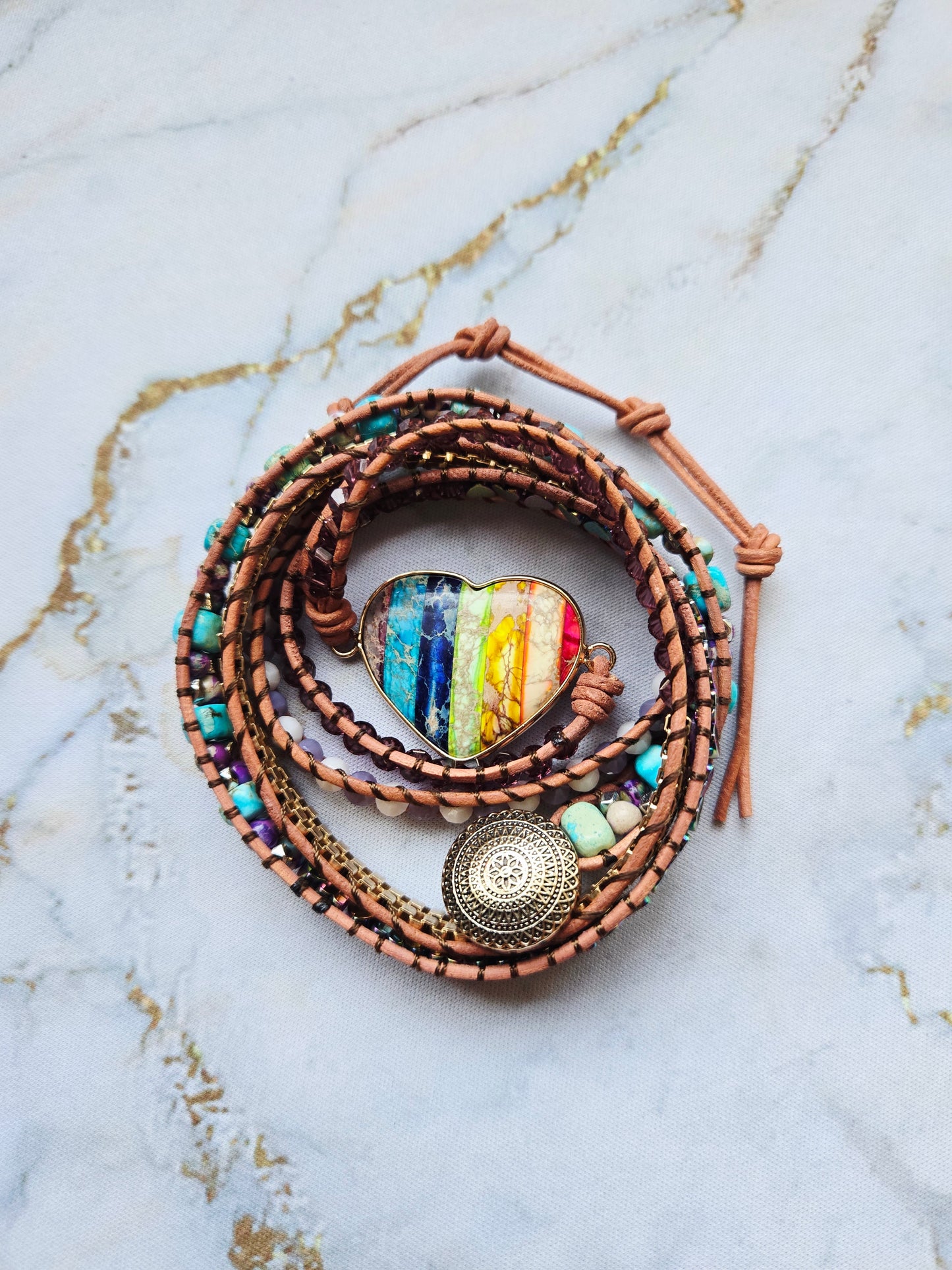 Love 爱 - Five tours Rainbow Heart leather wrap bracelet