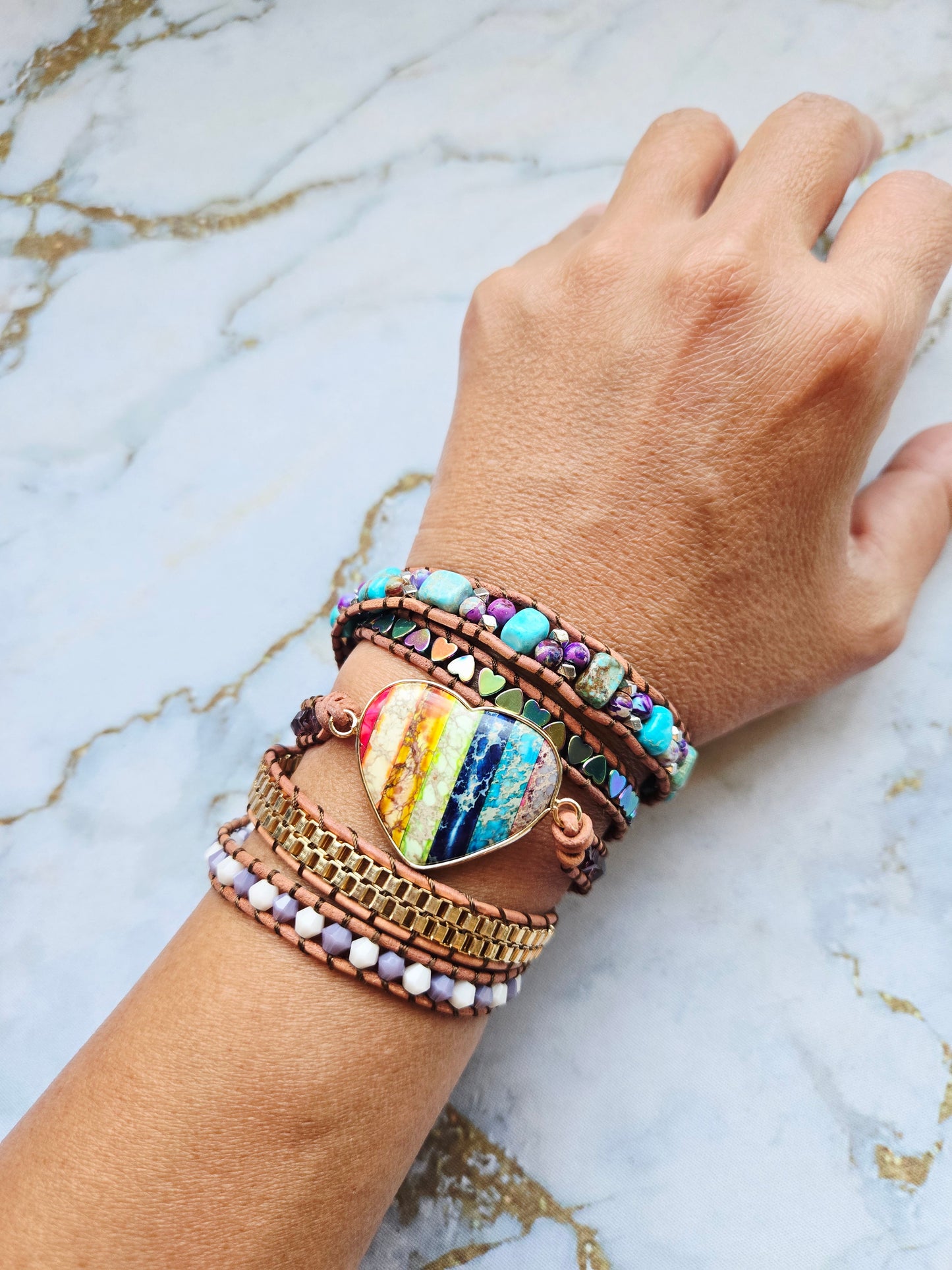 Love 爱 - Five tours Rainbow Heart leather wrap bracelet