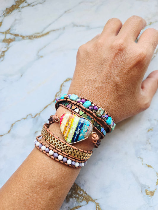 Love 爱 - Five tours Rainbow Heart leather wrap bracelet