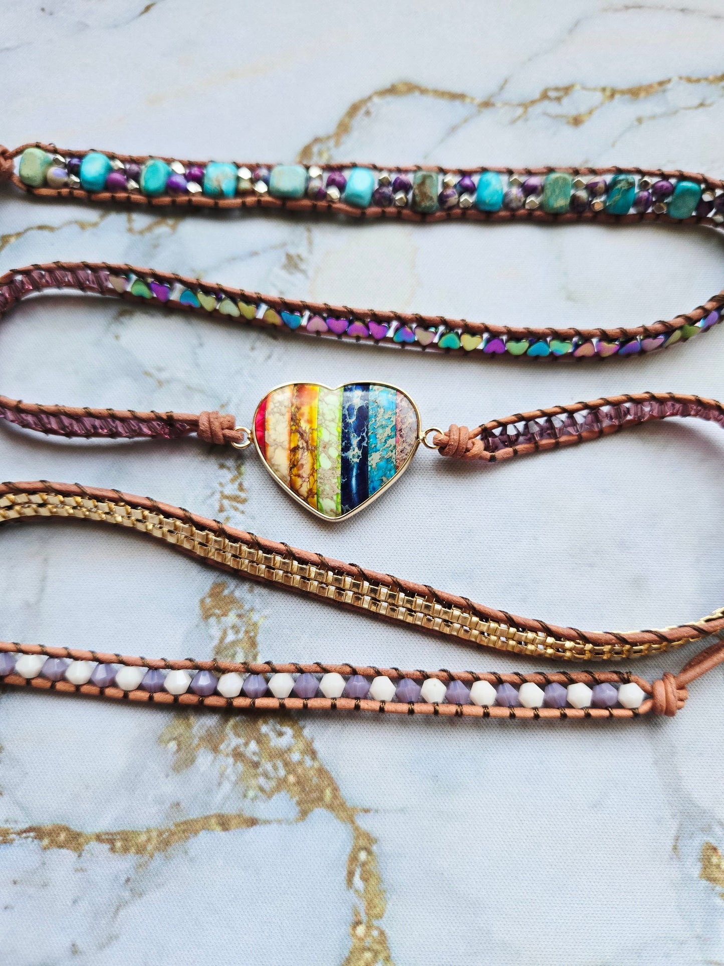 Love 爱 - Five tours Rainbow Heart leather wrap bracelet