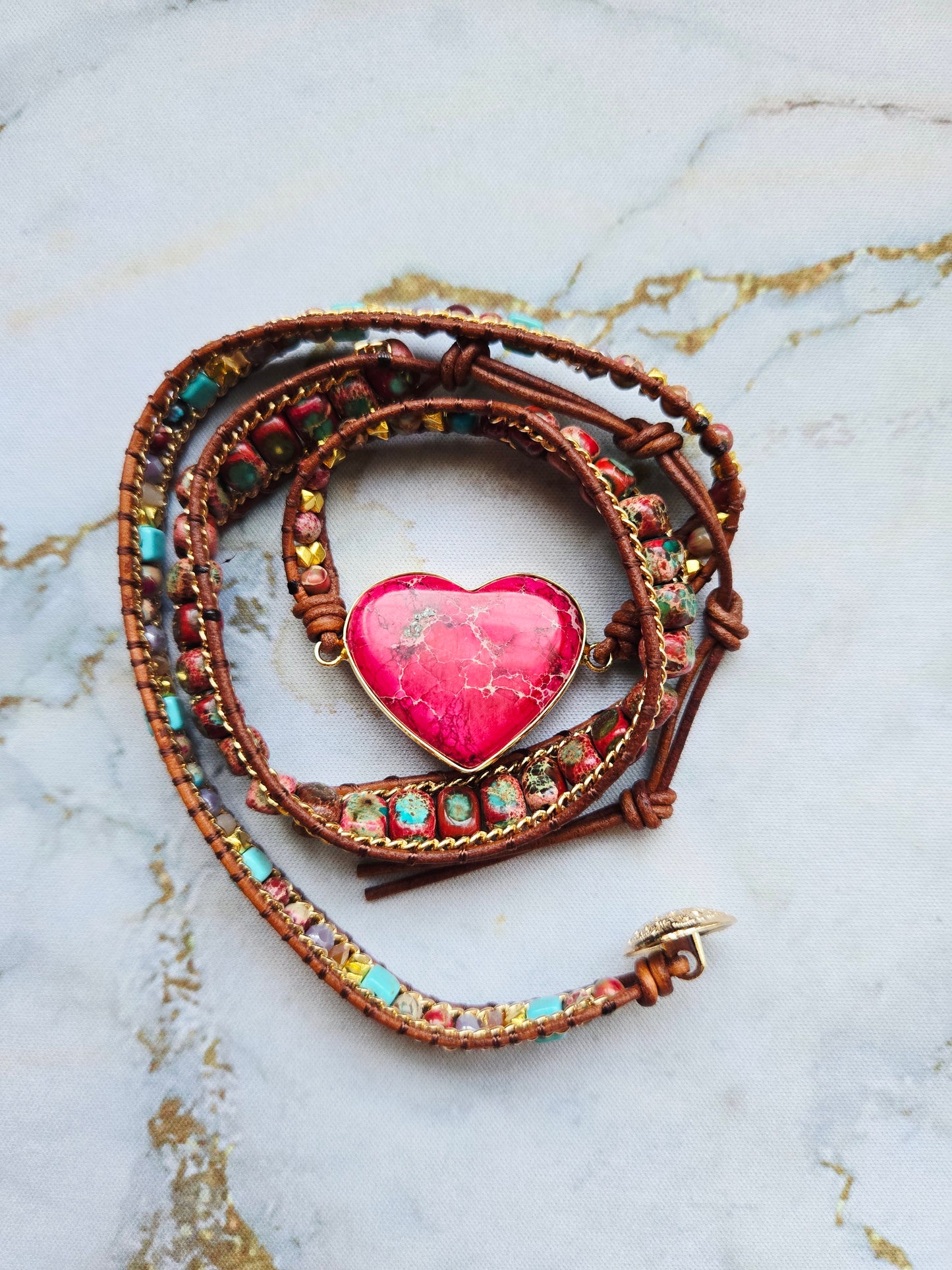 Love 爱 - Three tours Pink Agate Heart leather wrap bracelet