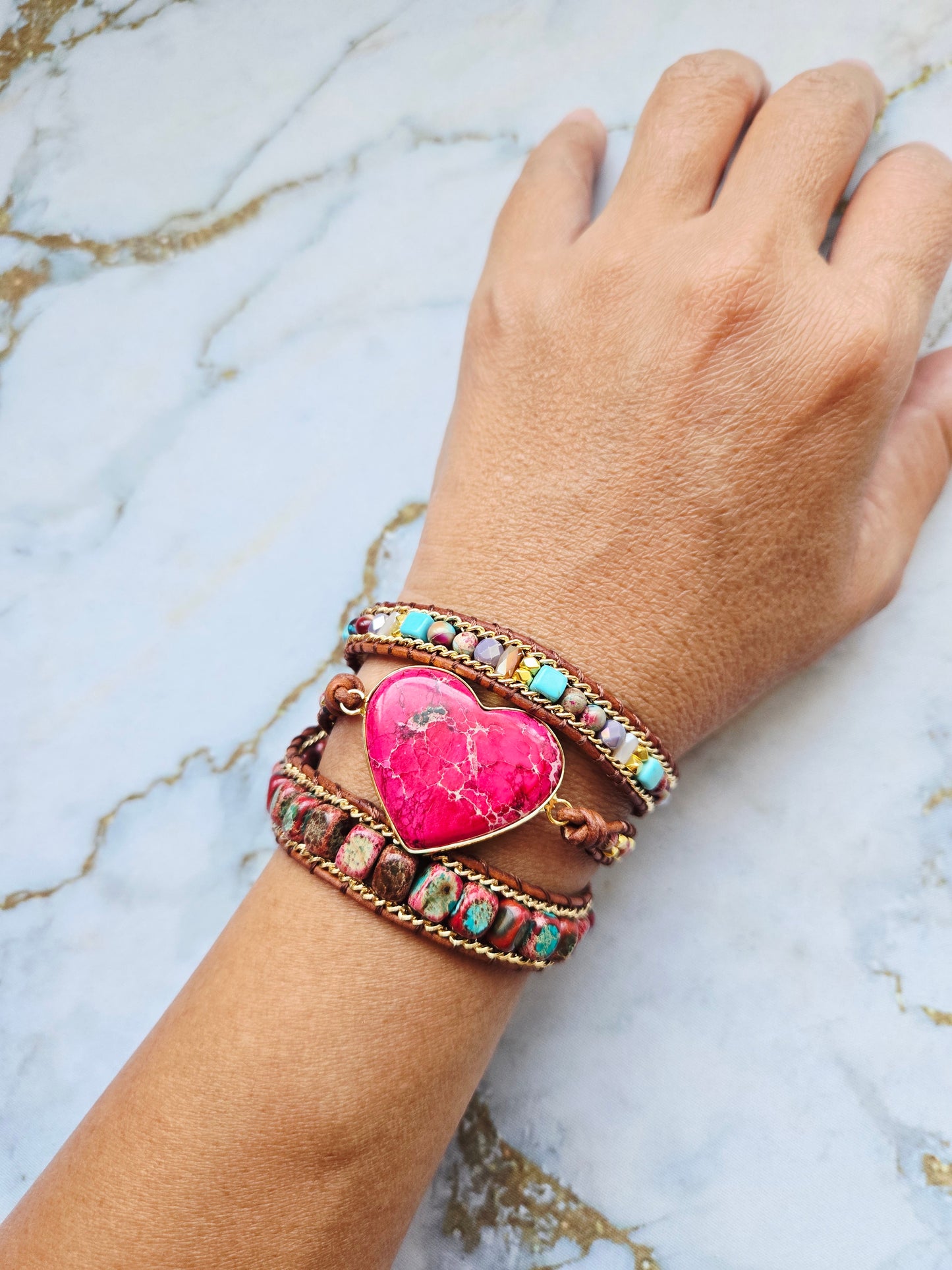 Love 爱 - Three tours Pink Agate Heart leather wrap bracelet