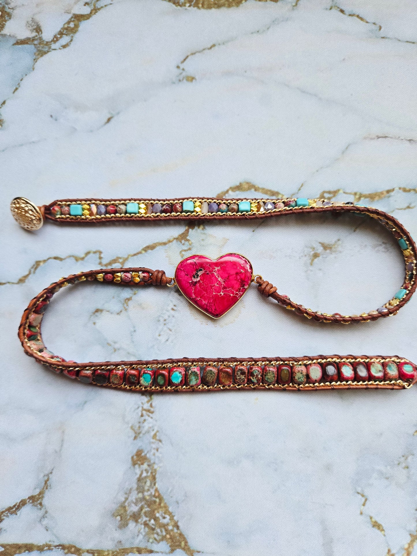Love 爱 - Three tours Pink Agate Heart leather wrap bracelet