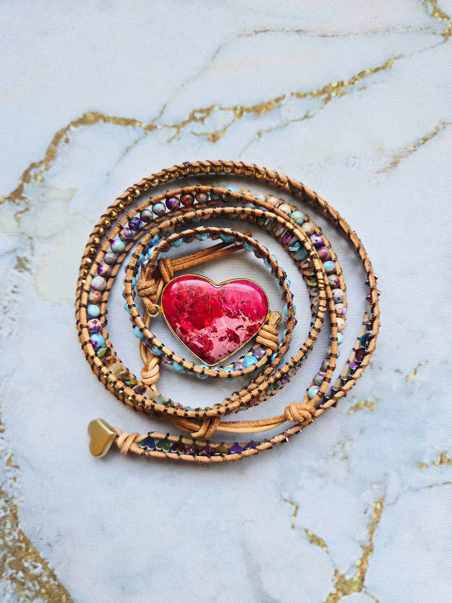 Love 爱 - Five tours Pink Agate Heart leather wrap bracelet