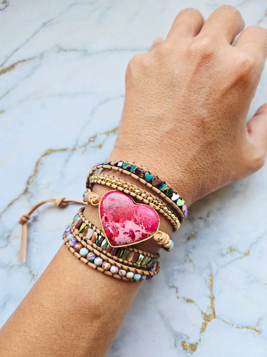 Love 爱 - Five tours Pink Agate Heart leather wrap bracelet