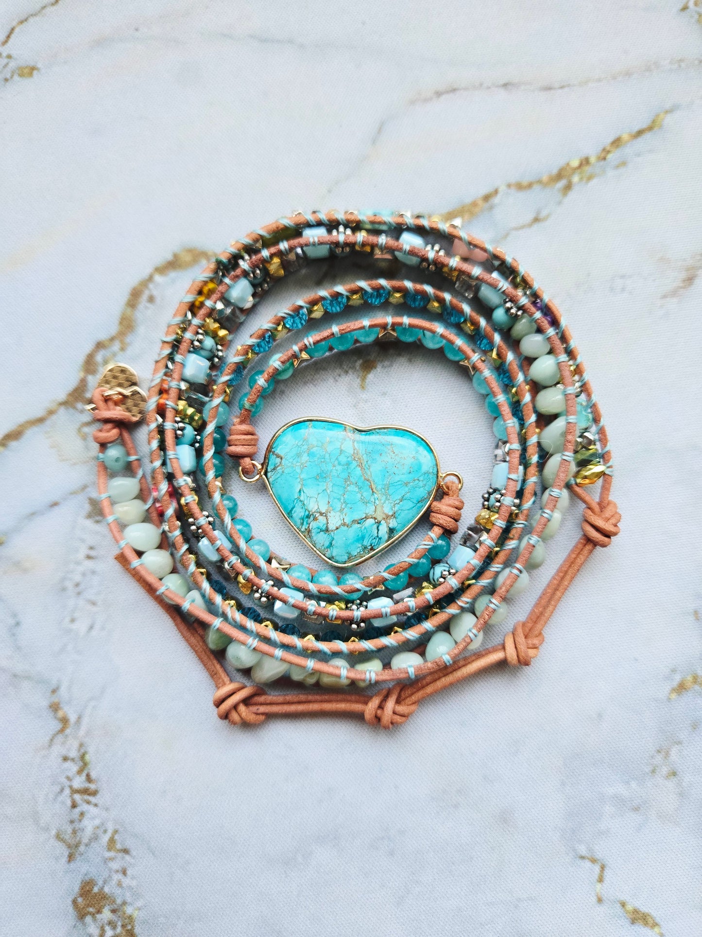 Love 爱 - Five tours Turquoise Heart leather wrap bracelet