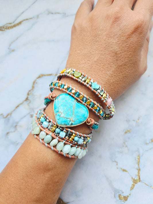 Love 爱 - Five tours Turquoise Heart leather wrap bracelet