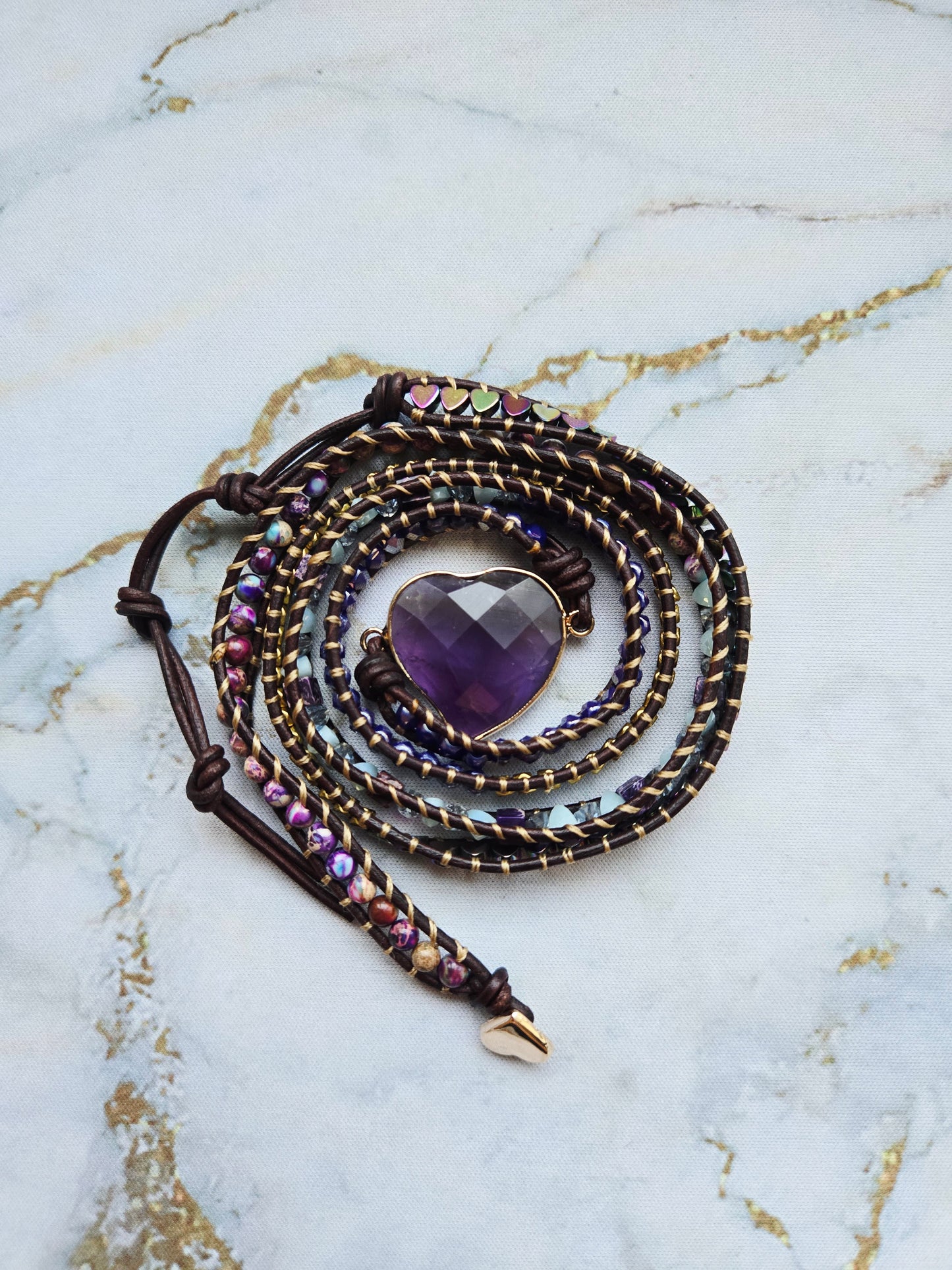 Love 爱 - Five tours Amethyst Heart leather wrap bracelet