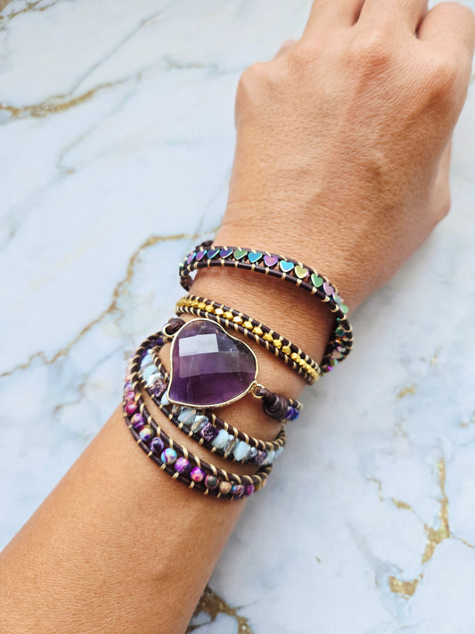 Love 爱 - Five tours Amethyst Heart leather wrap bracelet
