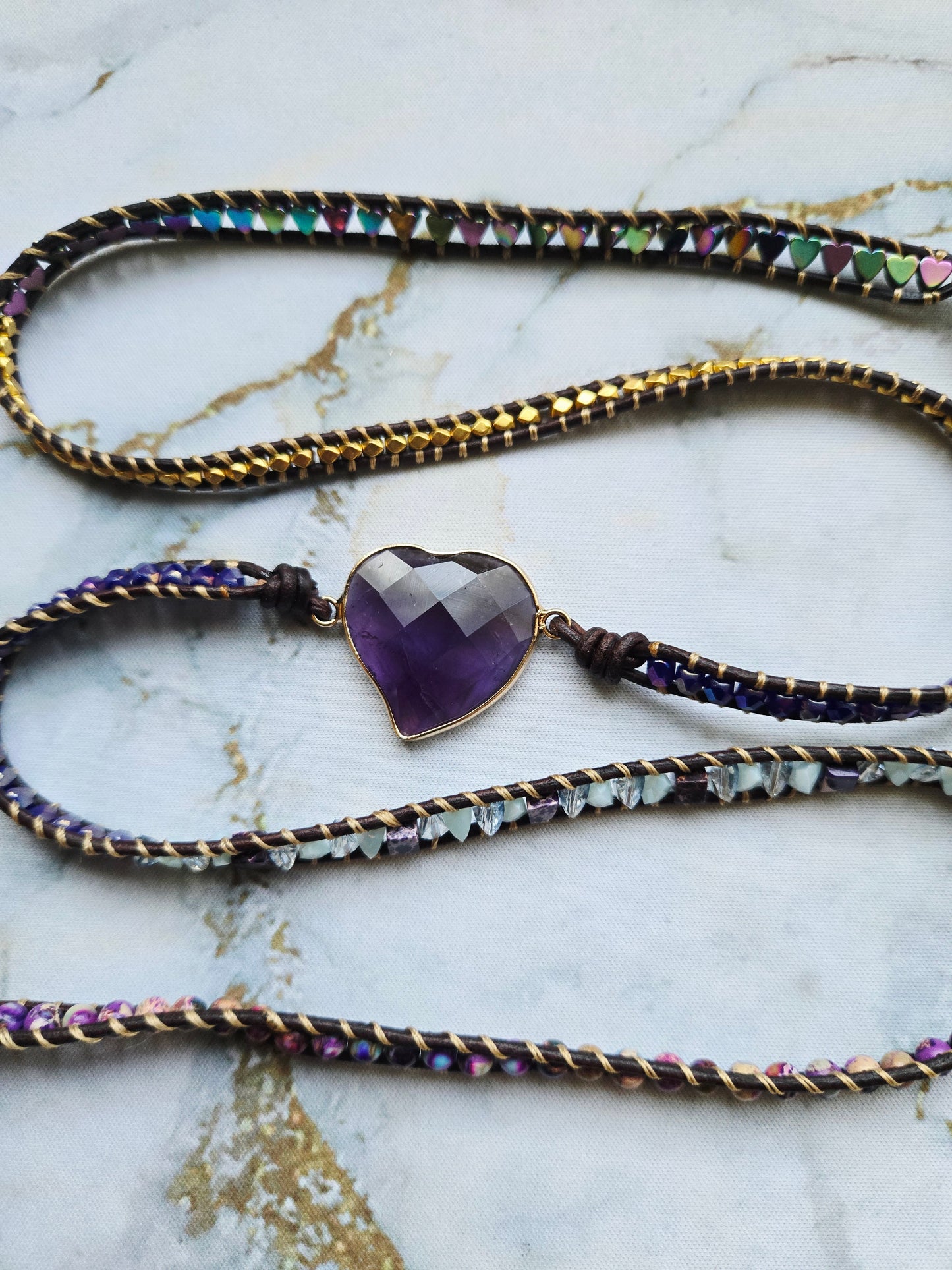 Love 爱 - Five tours Amethyst Heart leather wrap bracelet