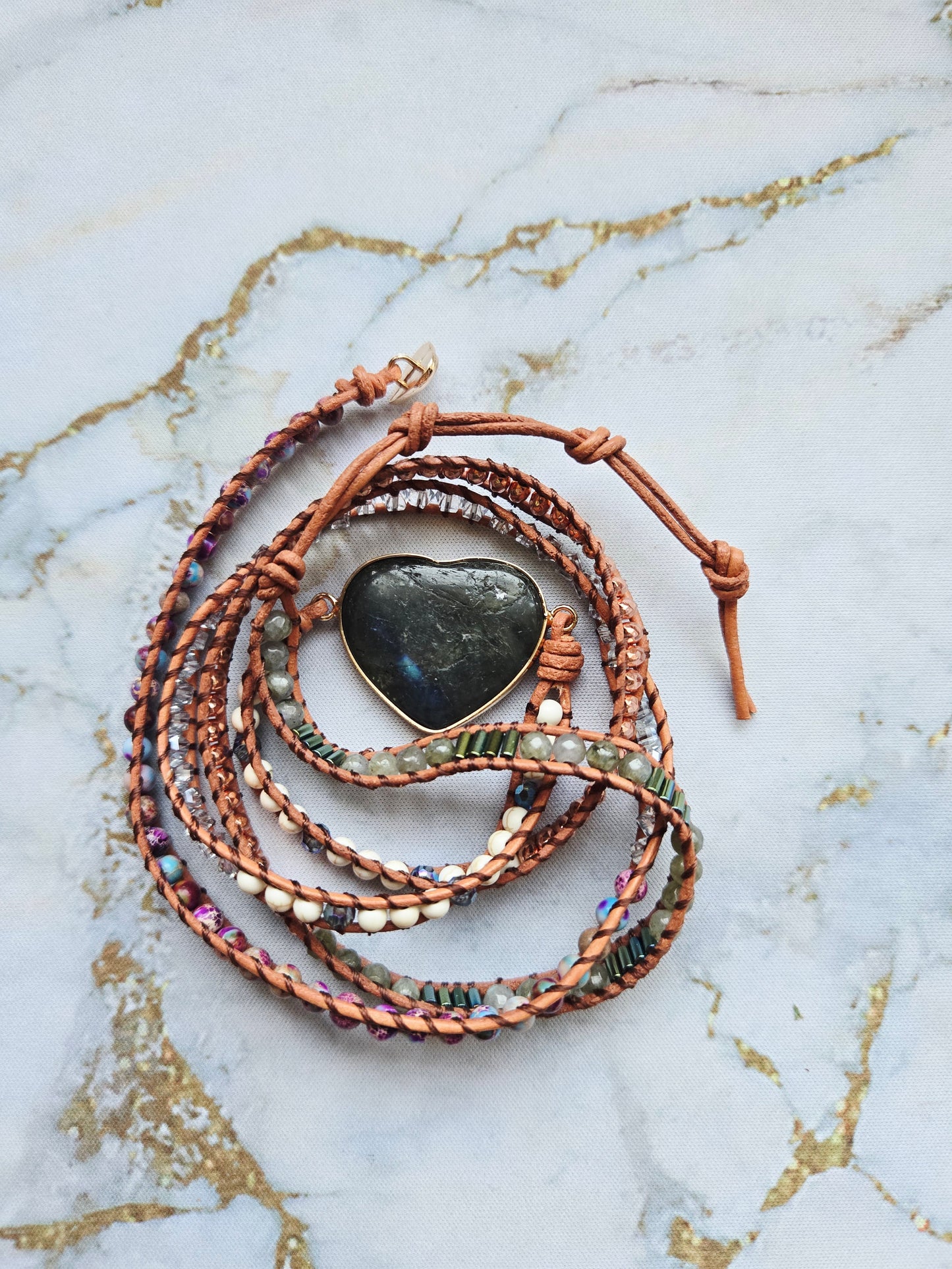 Love 爱 - Five tours Labradorite Heart leather wrap bracelet