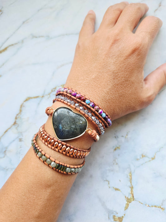 Love 爱 - Five tours Labradorite Heart leather wrap bracelet