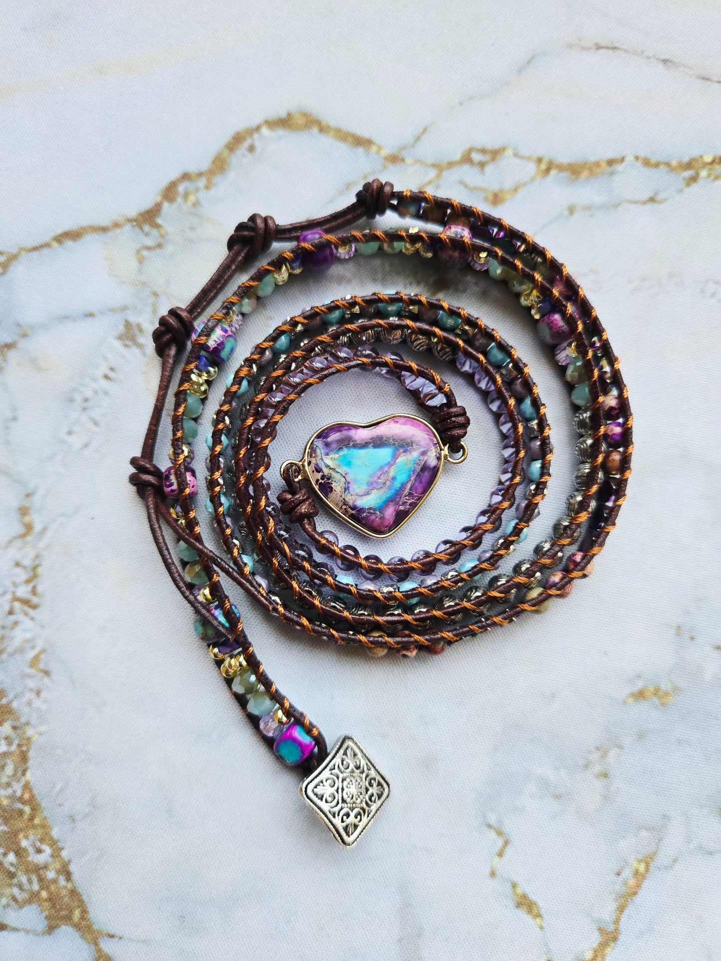 Love 爱 - Five tours Purple Agate Heart leather wrap bracelet