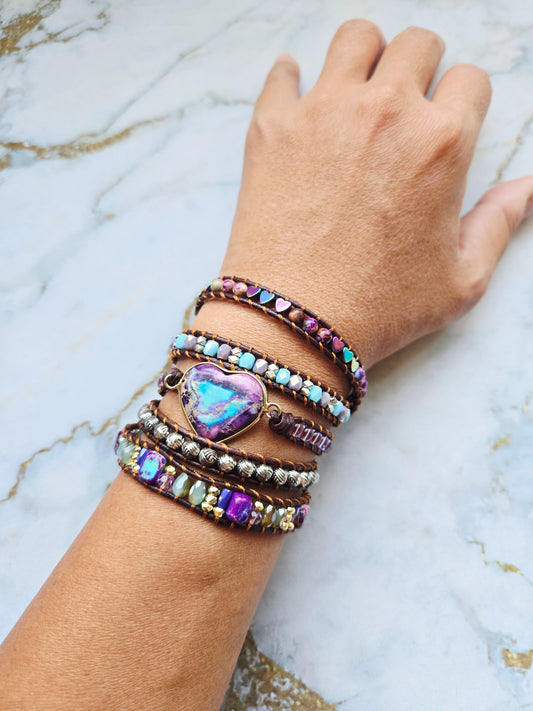 Love 爱 - Five tours Purple Agate Heart leather wrap bracelet
